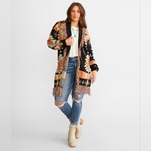 BKE Buckle Southwestern Fringe Open Front Cardigan Sweater